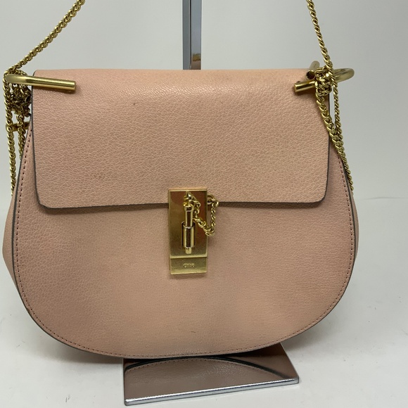 Chloe Drew Genuine Leather Foldover Crossbody Saddle Purse Bag Pink Cream Gold - Picture 3 of 8